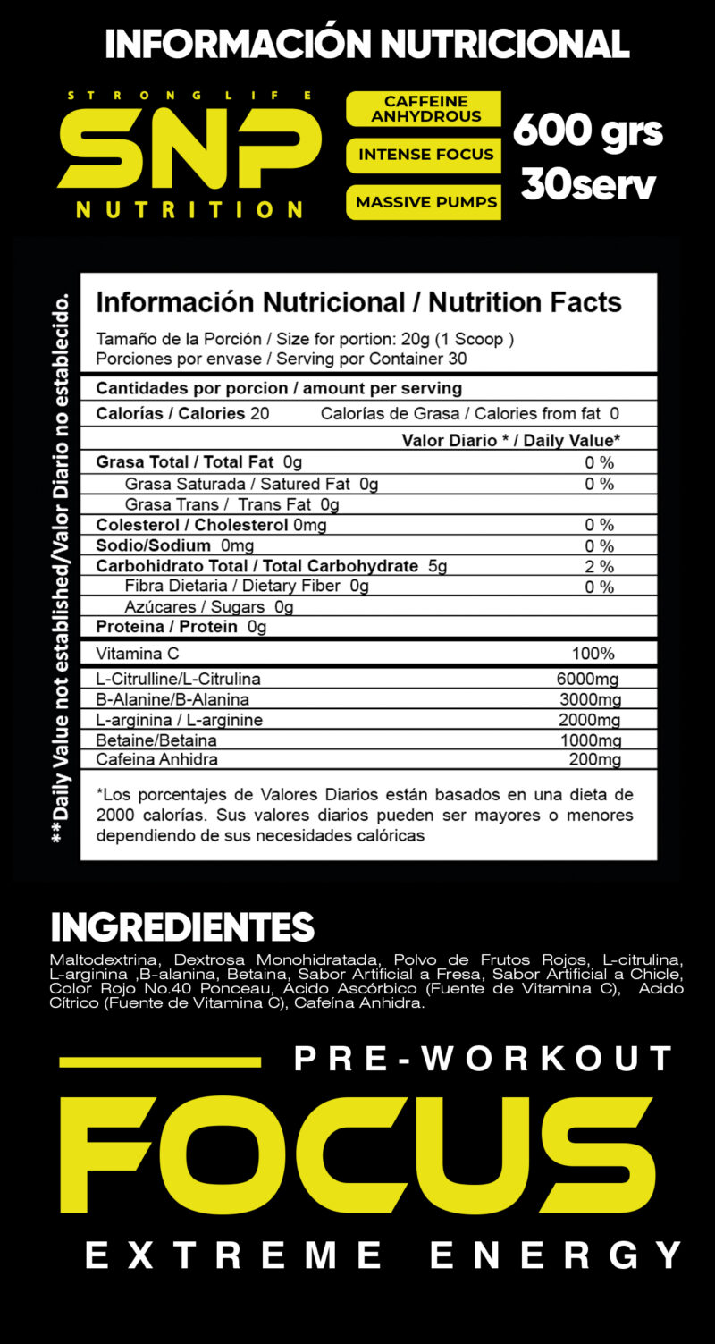 FOCUS de SNP – Pre-Entreno con Citrulina 6 g, Beta-Alanina 3 g, L-Arginina y Cafeína 200 mg - Imagen 2